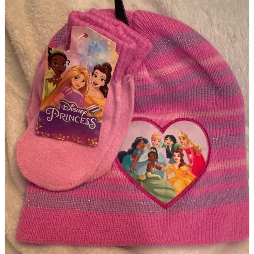 Disney Princess Beanie Hat and Gloves Set Pink Purple Silver Sparkles OSFM NWT